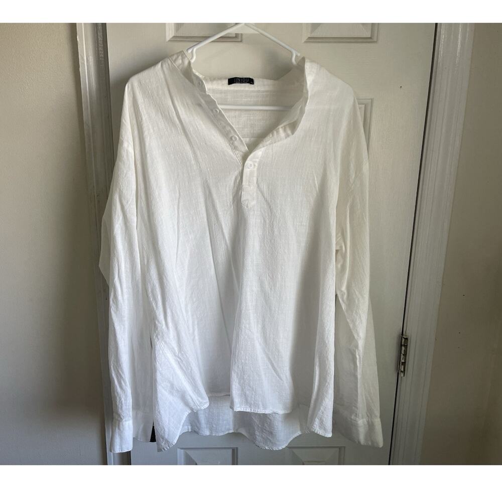 JINIDU Men's Cotton White Band Collar Long Sleeve Button-Up Shirt XL